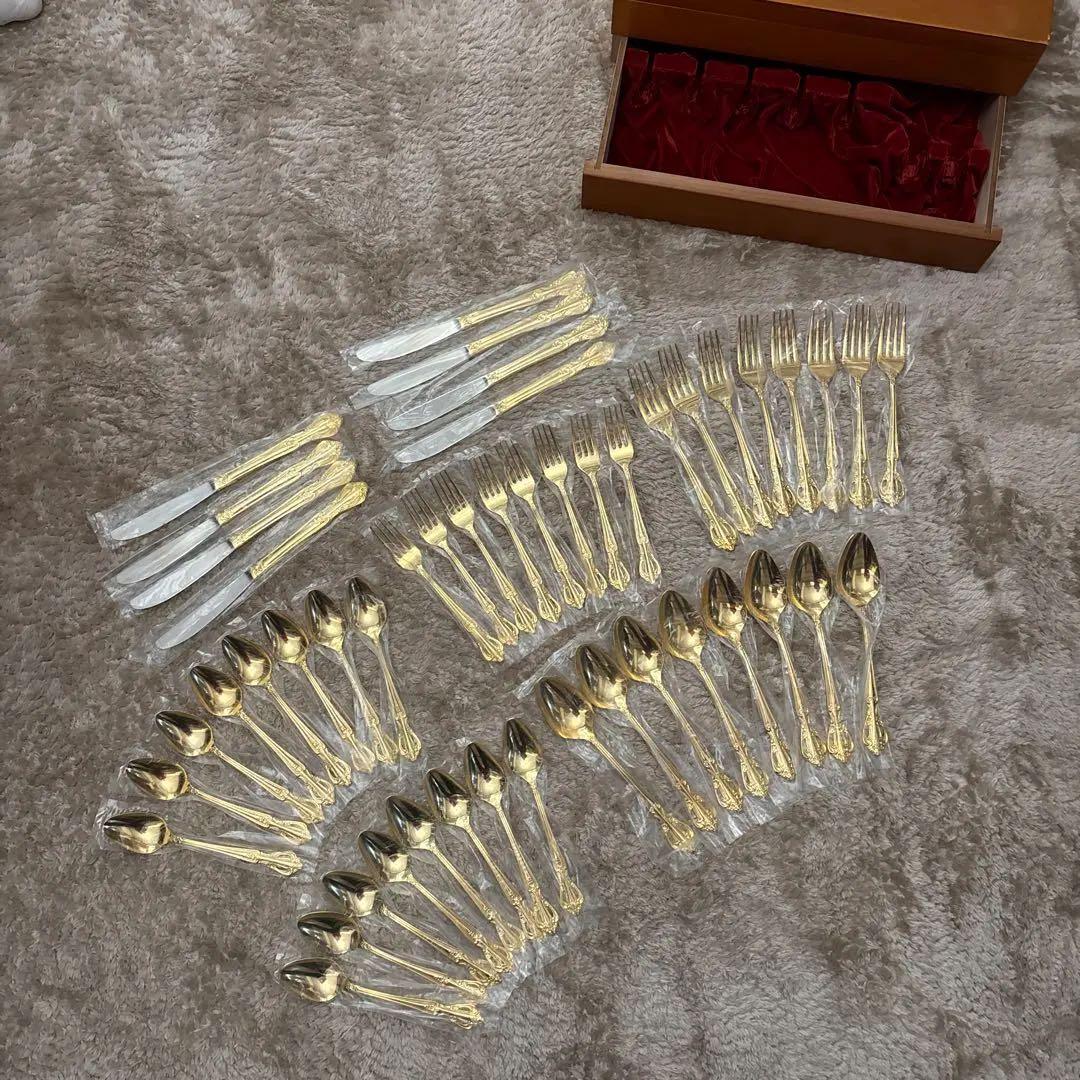 【未使用】サンクラフト 24金仕上げ カトラリーセット 55点 8客用 木箱付