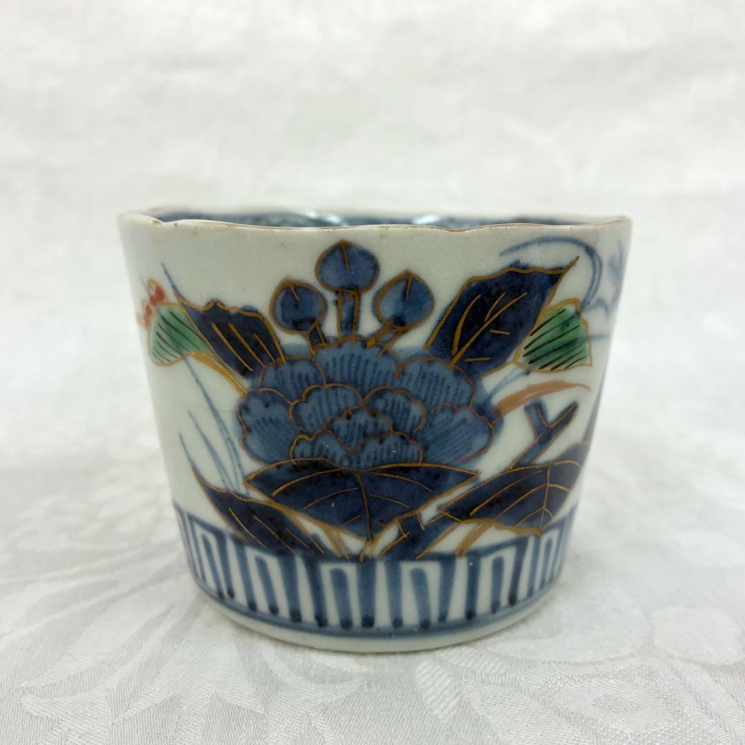 古伊万里 蕎麦猪口 金彩色絵 草花文5客 骨董品 アンティーク