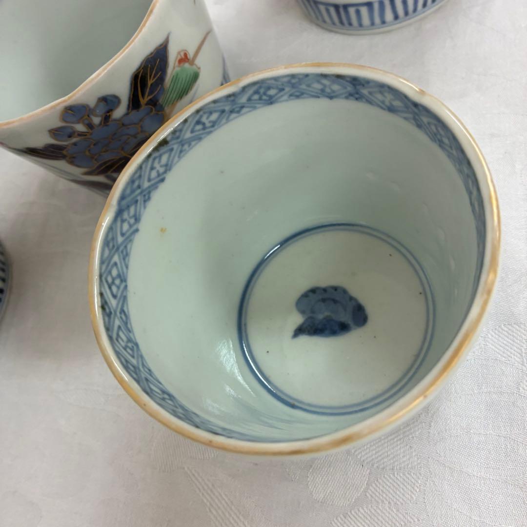 古伊万里 蕎麦猪口 金彩色絵 草花文5客 骨董品 アンティーク