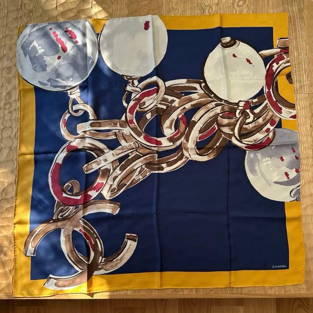 CHANEL シャネル　ココマーク　スカーフ シルク チェーン 紺
