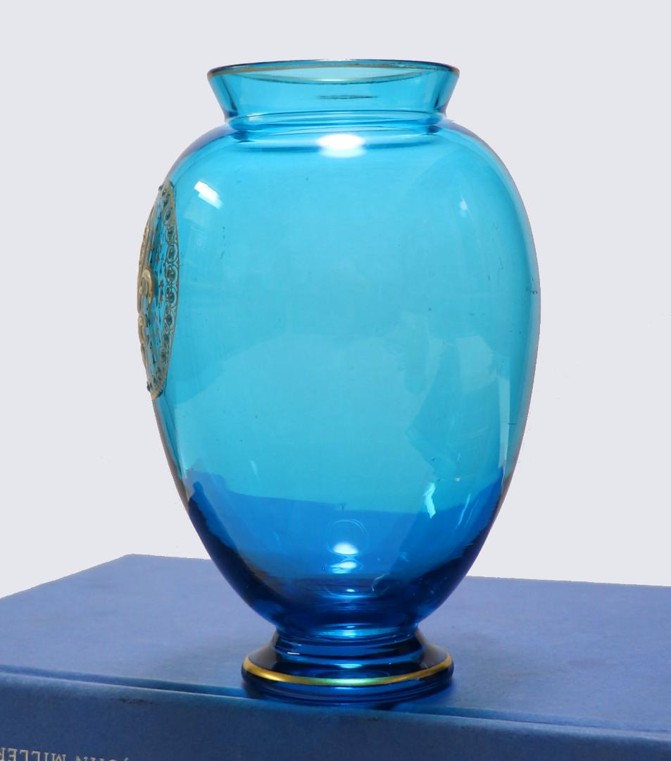 オールド・バカラ 激レア 1878年頃 金彩百合文エナメルブルーガラス花瓶 青色