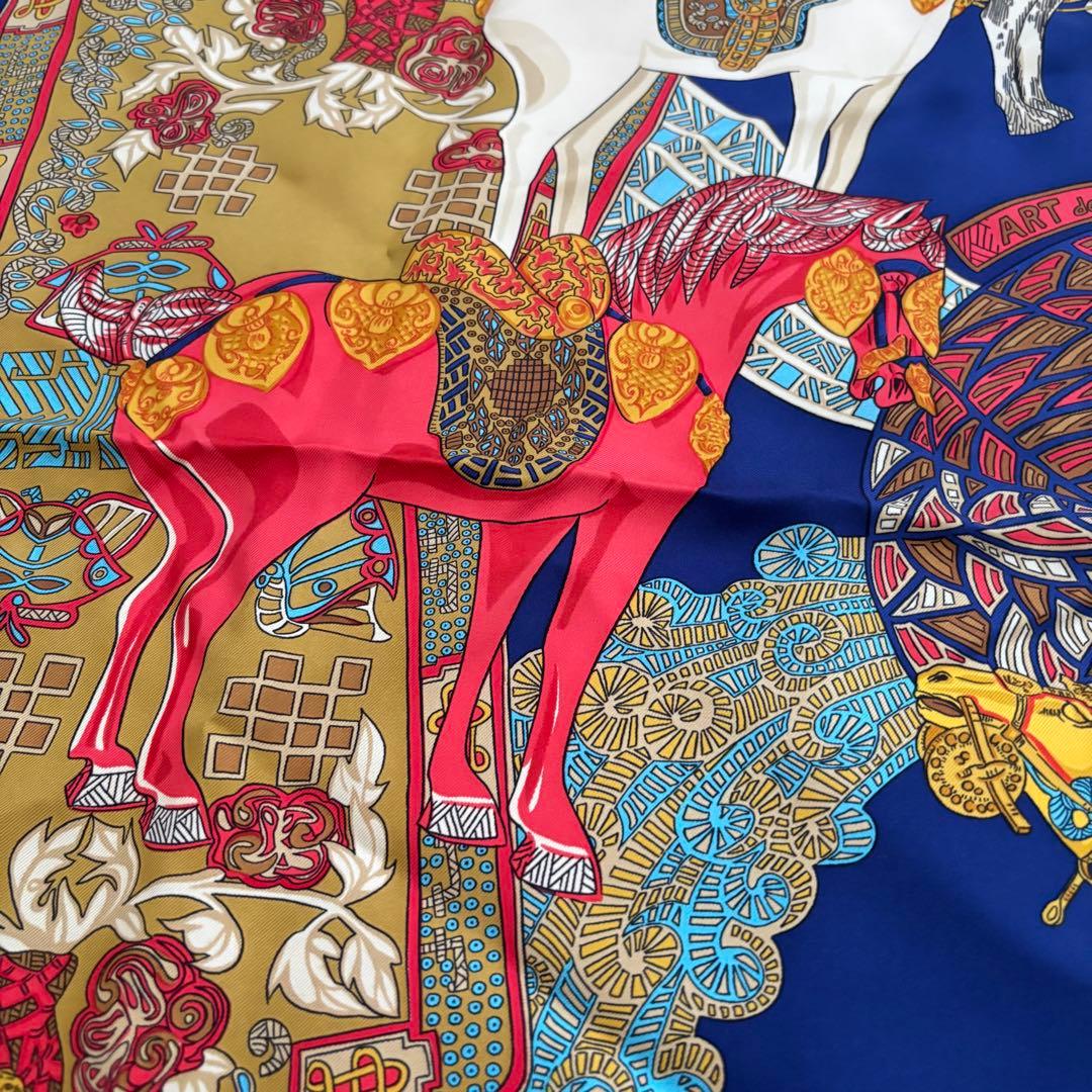 HERMES エルメス カレ90 シルク スカーフ「ステップ美術」ネイビー