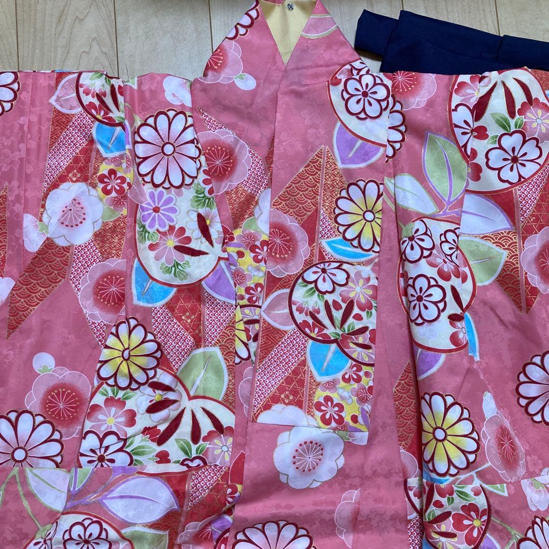 【小柄女子】小学校卒業式 145cm 袴セット ４点セット ピンクの着物に紺の袴