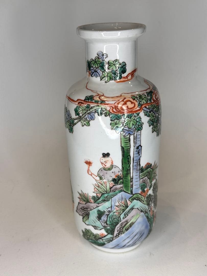 【新年セール】康熙葉子款 底部款識 人物童子戯図 彩絵 花瓶 中国古美術 时代物