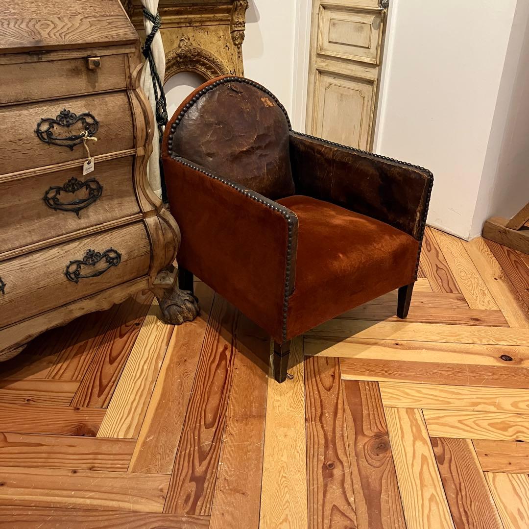 アンティーク　1人掛けソファ　赤×レザー