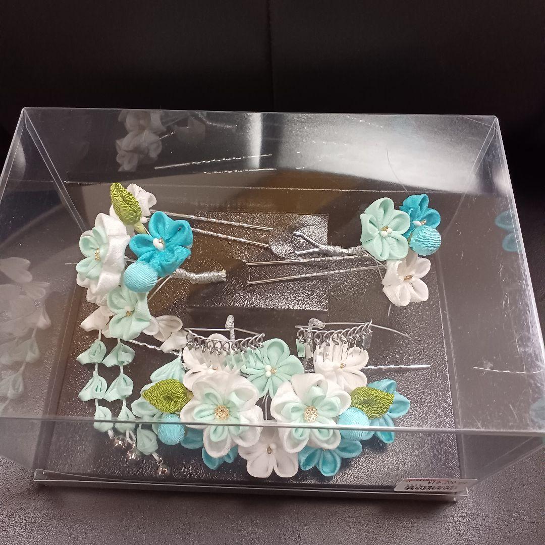 新品【七五三】髪飾り　勝山かんざし　つまみ細工　３点セット　日本髪　水色系②