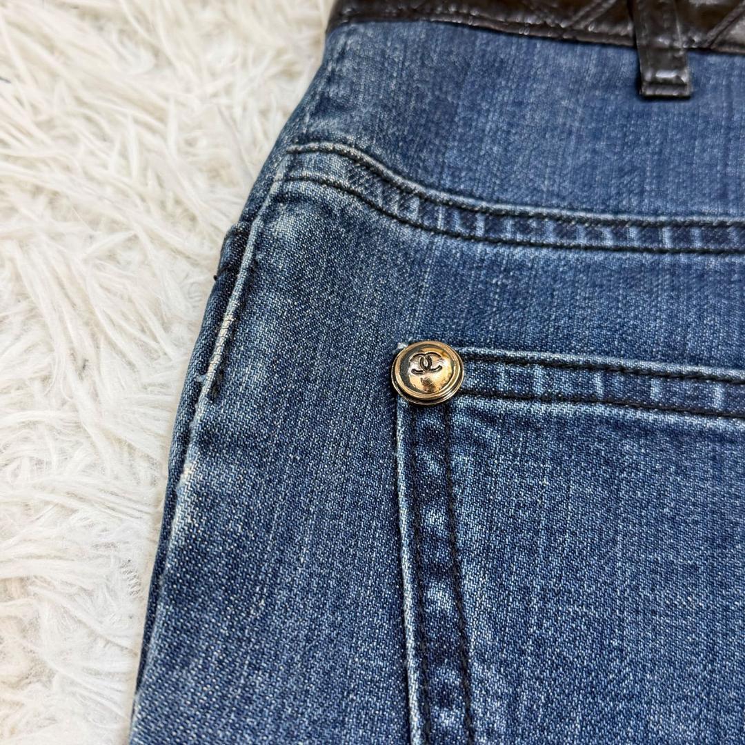 14348✨CHANEL マトラッセ レザー切替 デニムパンツ 38 M