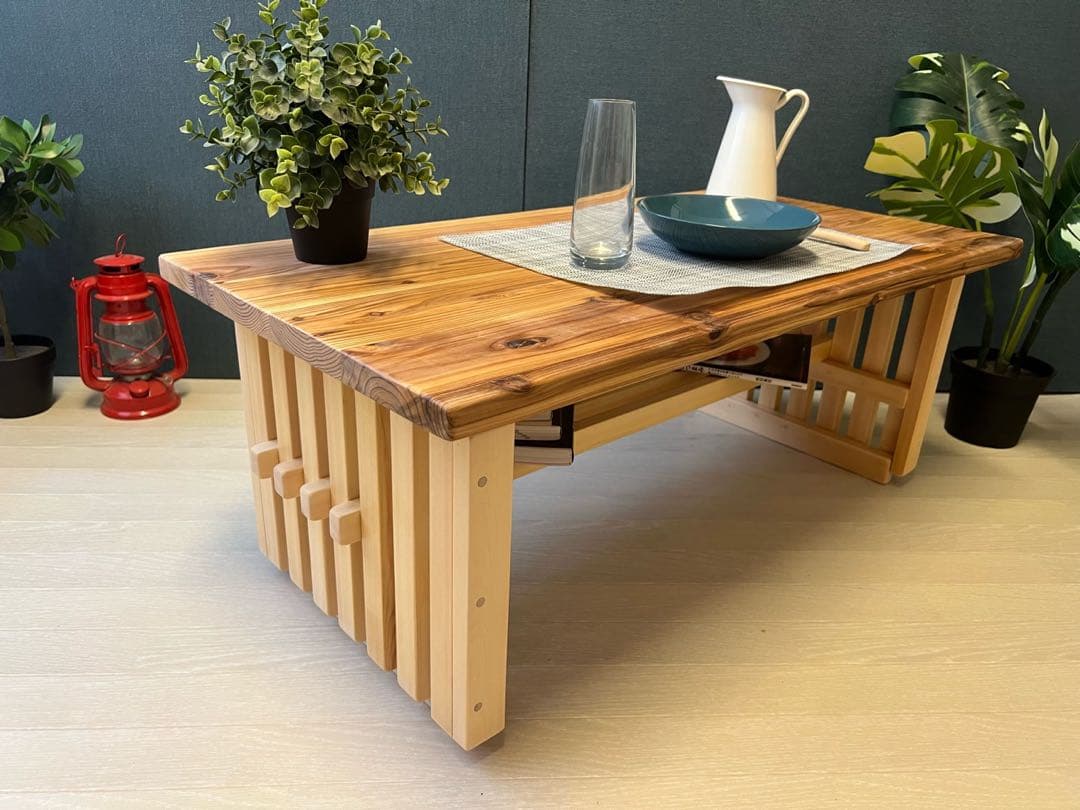 【送料無料】 ローテーブル 和風 木組縦格子 収納付き90cm 45cm 杉