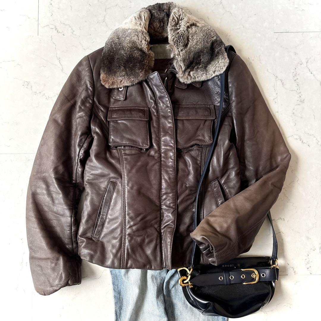 セオリーリュクス イタリア製 ラムレザー 羊革 ラビットファー襟 ジャケット 茶