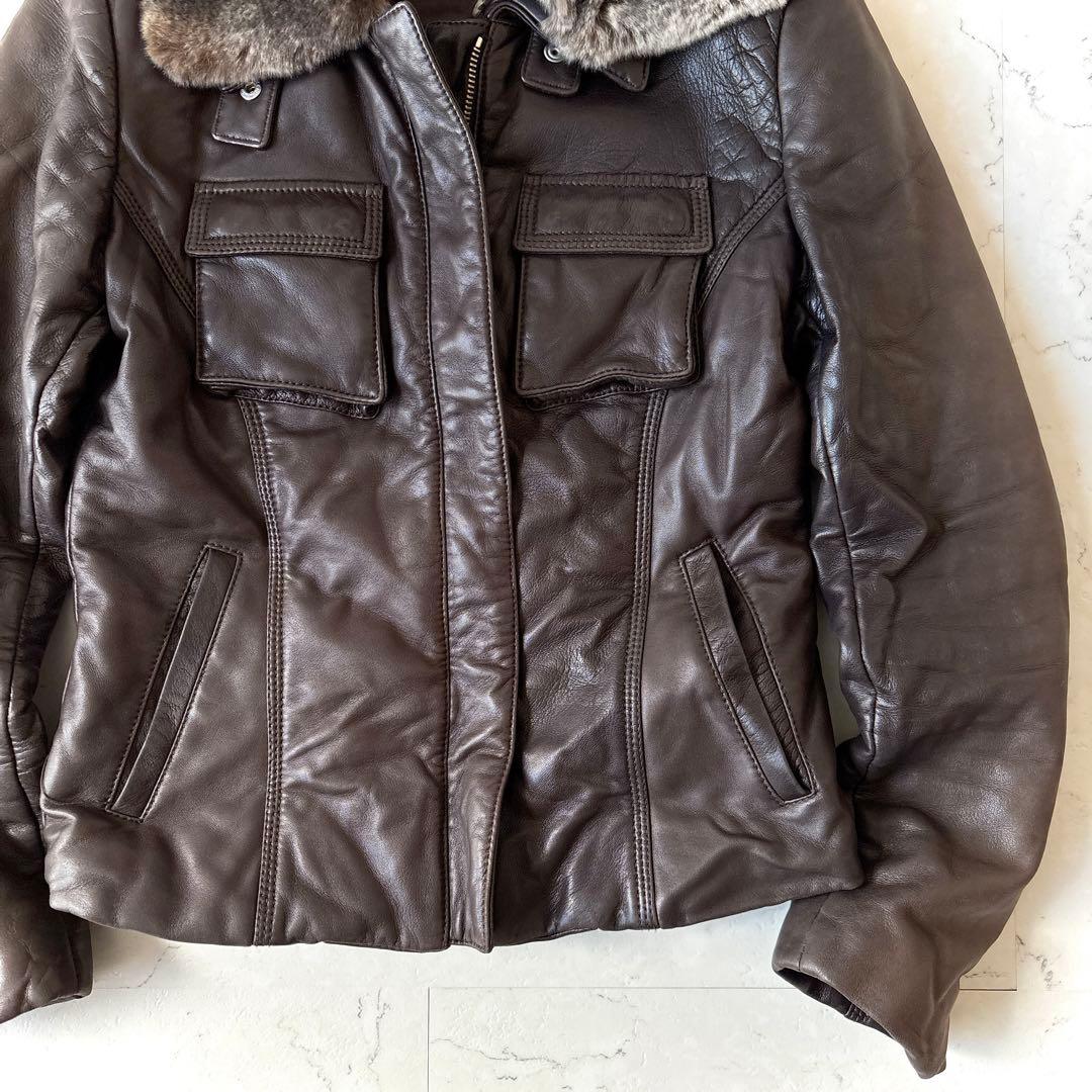 セオリーリュクス イタリア製 ラムレザー 羊革 ラビットファー襟 ジャケット 茶