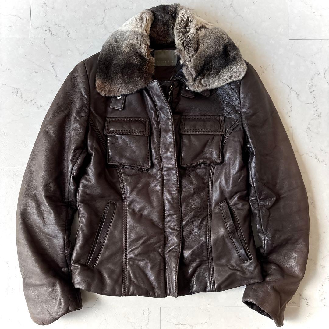 セオリーリュクス イタリア製 ラムレザー 羊革 ラビットファー襟 ジャケット 茶