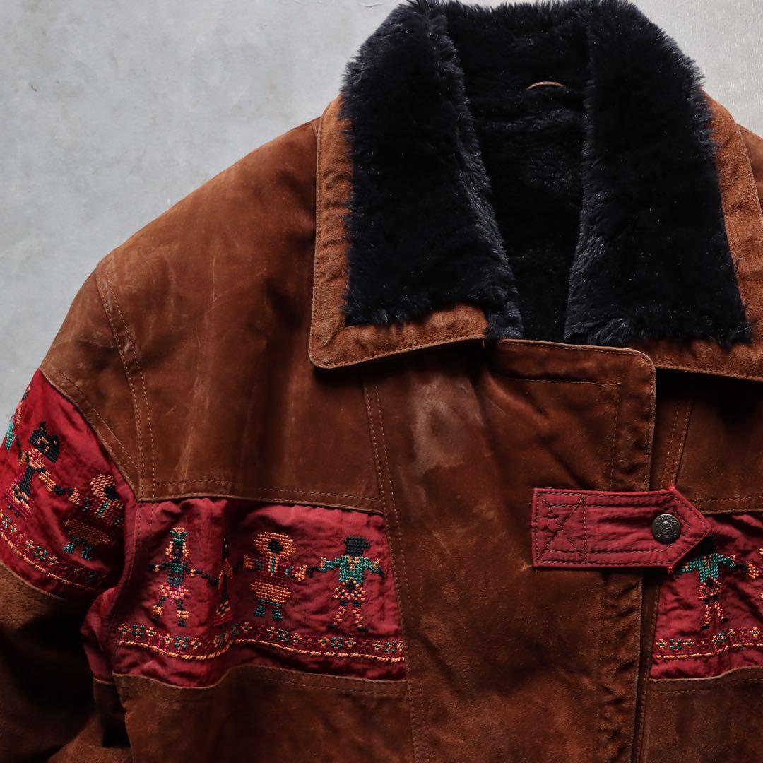 90s ブラウン レザースエードジャケット 刺繍　ファー襟 キルティング
