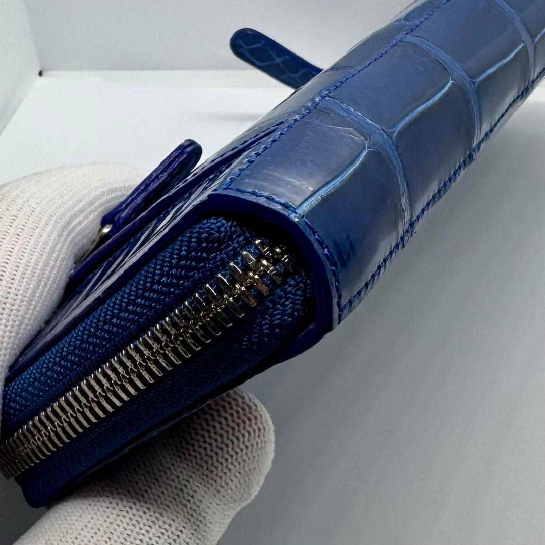 未使用級✨ ブルー染め シャイニングクロコ 長財布 L字ジップ JRA認定 男女