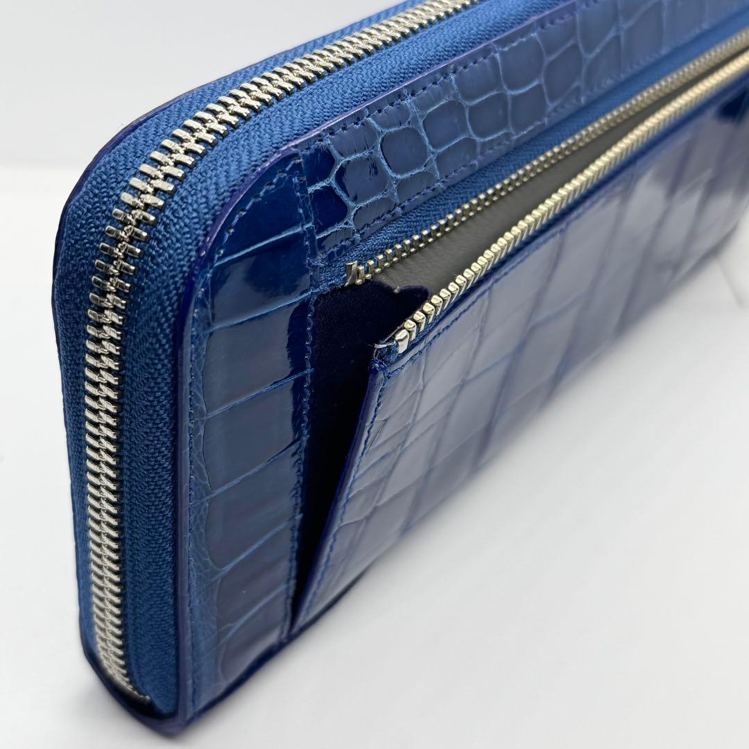 未使用級✨ ブルー染め シャイニングクロコ 長財布 L字ジップ JRA認定 男女