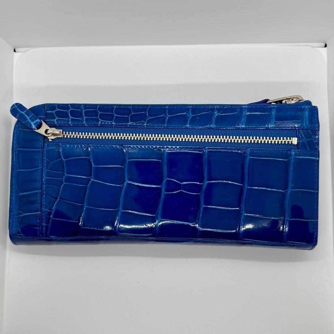 未使用級✨ ブルー染め シャイニングクロコ 長財布 L字ジップ JRA認定 男女