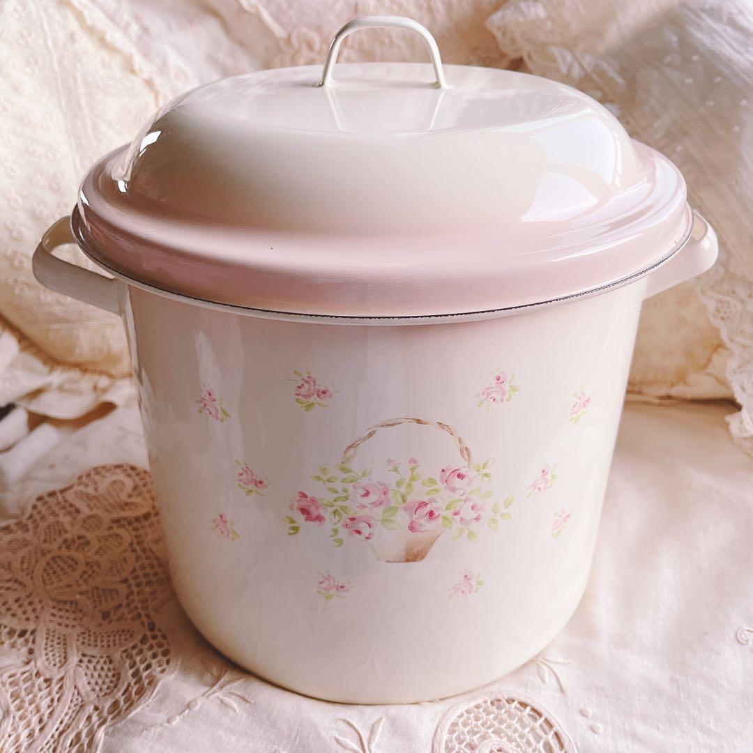 お値下げ♡イマンローズバスケットホーローライスキャニスター缶大薔薇マニーローズ