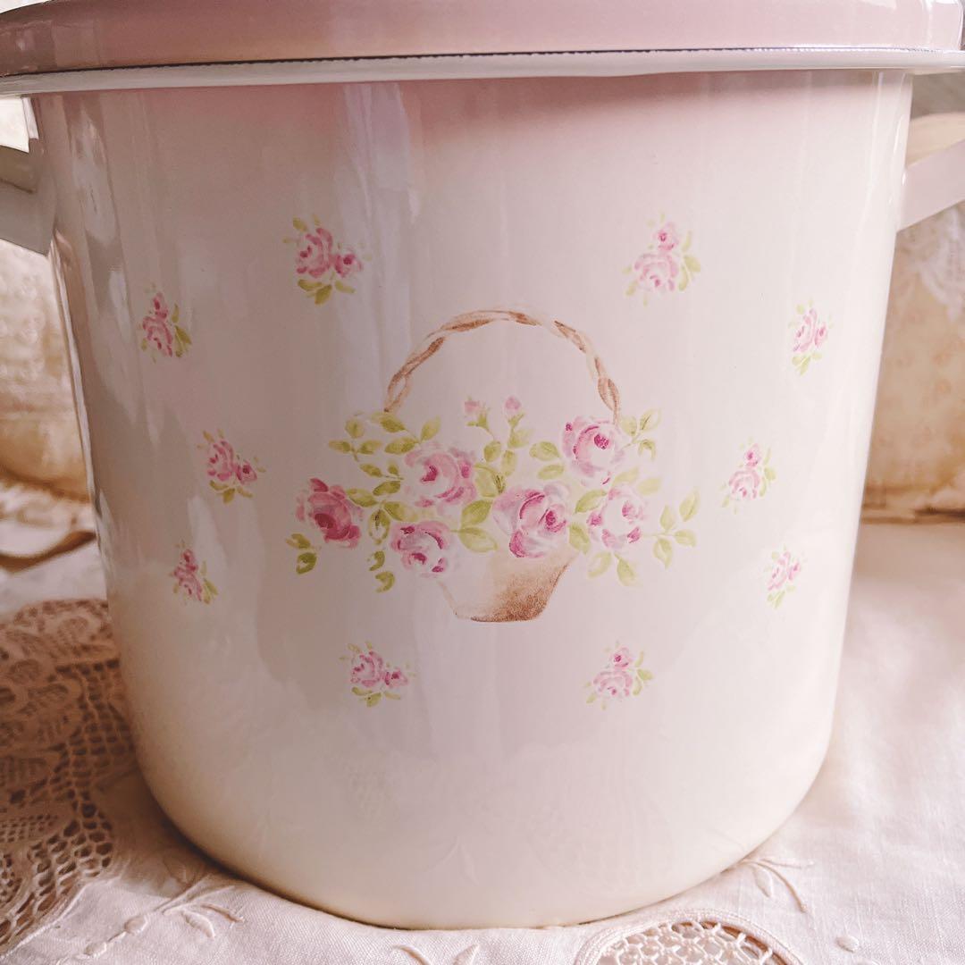 お値下げ♡イマンローズバスケットホーローライスキャニスター缶大薔薇マニーローズ