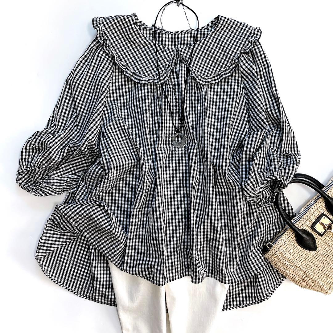 美品 ユキエモン ギンガムチェック ブラック 襟付き バックリボン M 黒×白