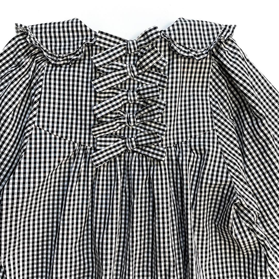 美品 ユキエモン ギンガムチェック ブラック 襟付き バックリボン M 黒×白