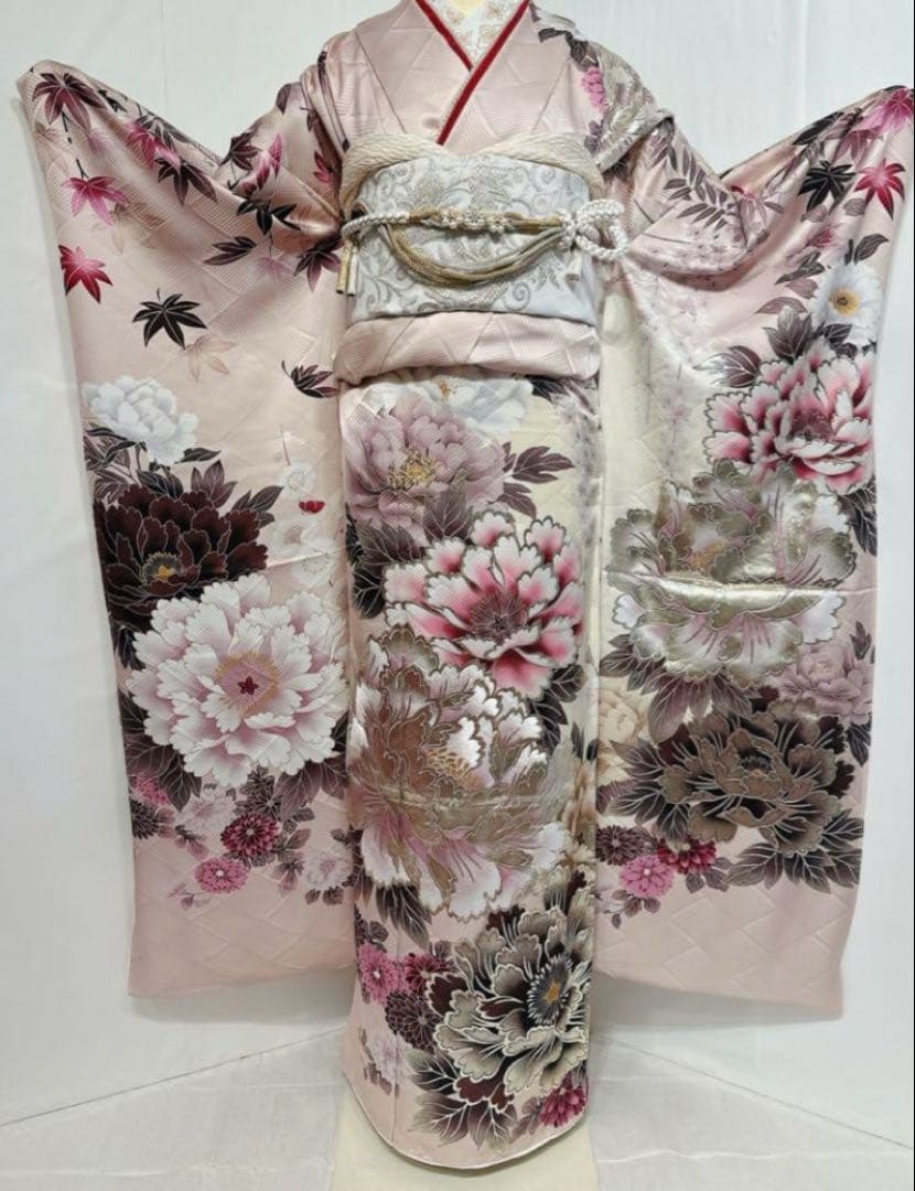 フルセット振袖 上品なくすみピンク白紫花柄 草履バック　髪飾り　正絹　牡丹