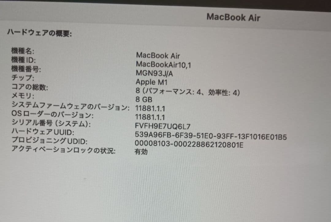 Apple MacBook Air 2020　М1 SSD256G　充放電20回