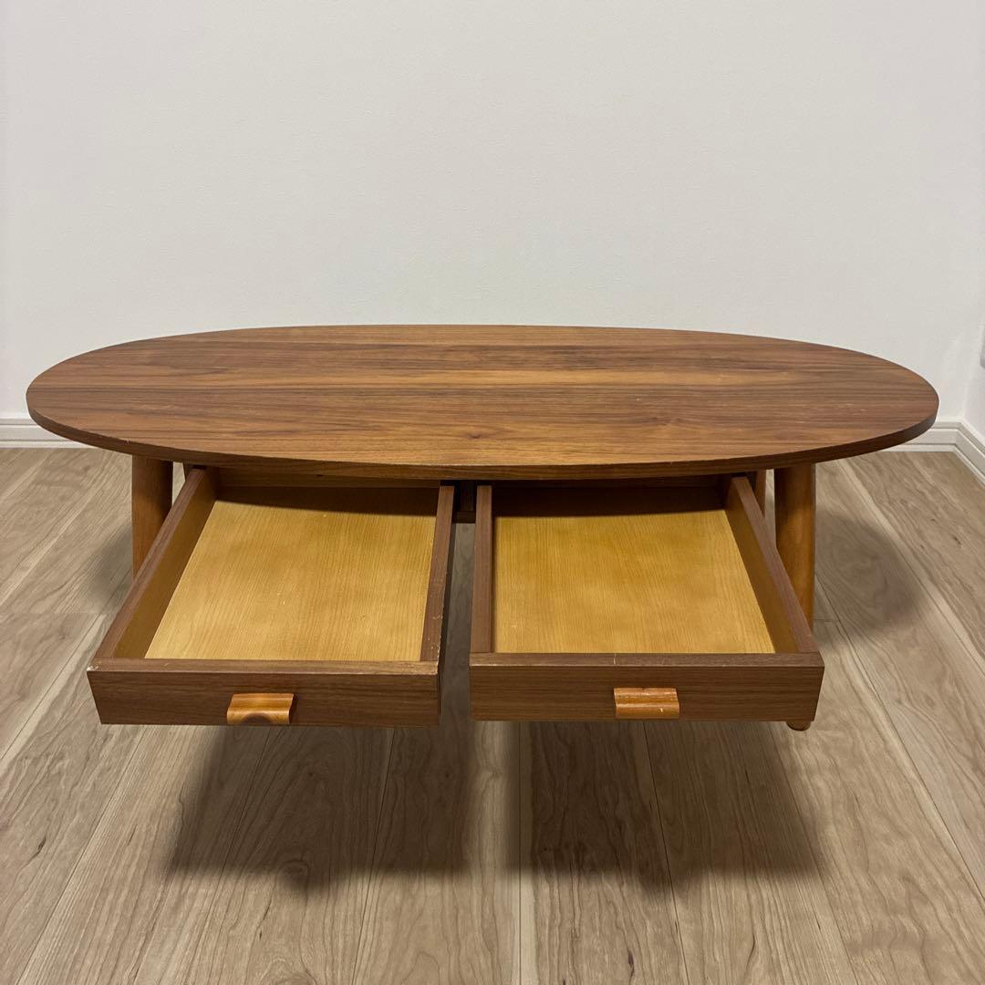 木製楕円形センターテーブル 引き出し付き