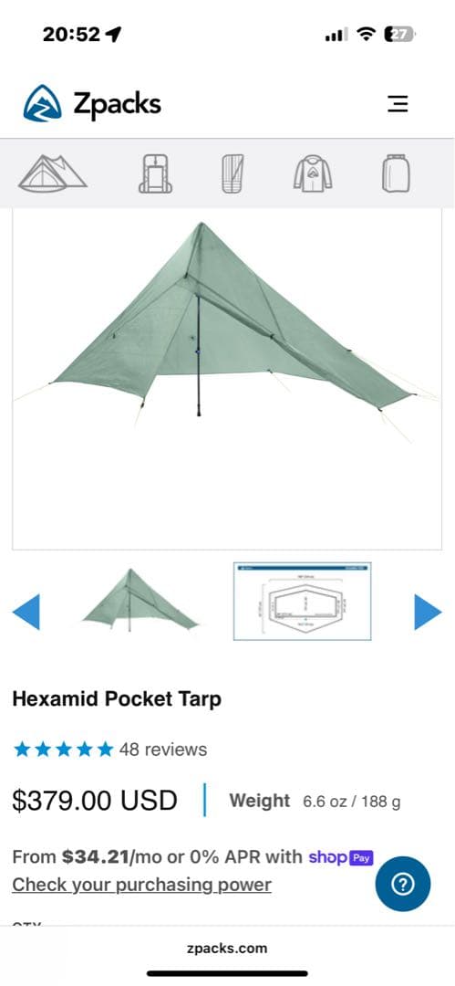 テント・タープ Zpacks Hexamid Pocket Tarp Spruce Green