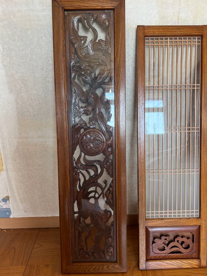 銘木　唐木　書院欄間　5枚セット　ガラス付き