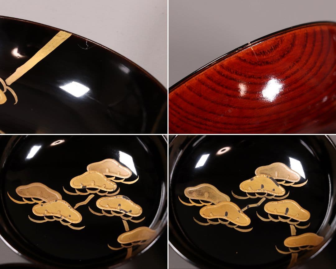 漆芸 輪島塗 松蒔絵 木皿 二十客 欅地 木地溜塗 黒塗 金蒔絵 【MA359】