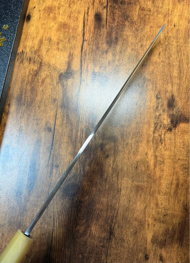 森本光一作　刺身 先丸　青ニ鋼 墨流し　尺二寸　黒檀八角白水牛柄