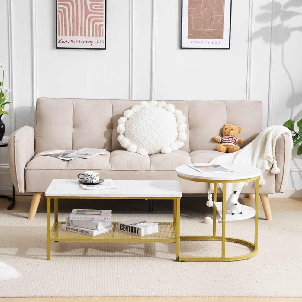 超人気！北欧大理石調 ネストテーブル 2点セット1台3役【ホワイト＋ブラック】