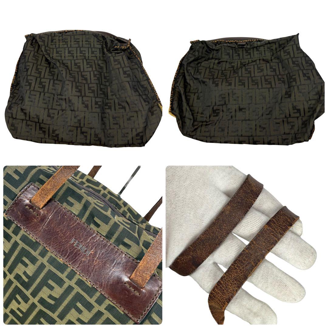 【大容量】FENDI ズッカ柄 折り畳み可能 ハンドバッグ キャンバス カーキ