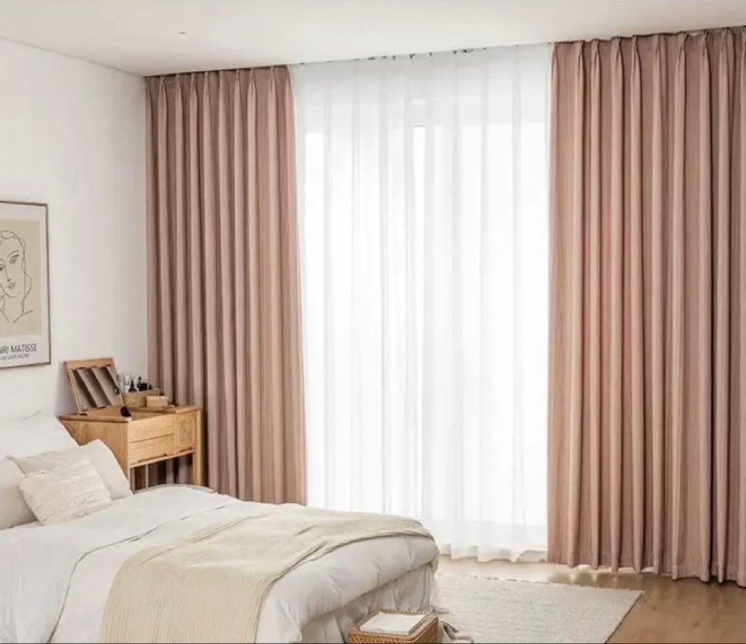 ロータスピンクの遮光カーテン＋霜（しも）ホワイトのレースカーテンセット，4枚