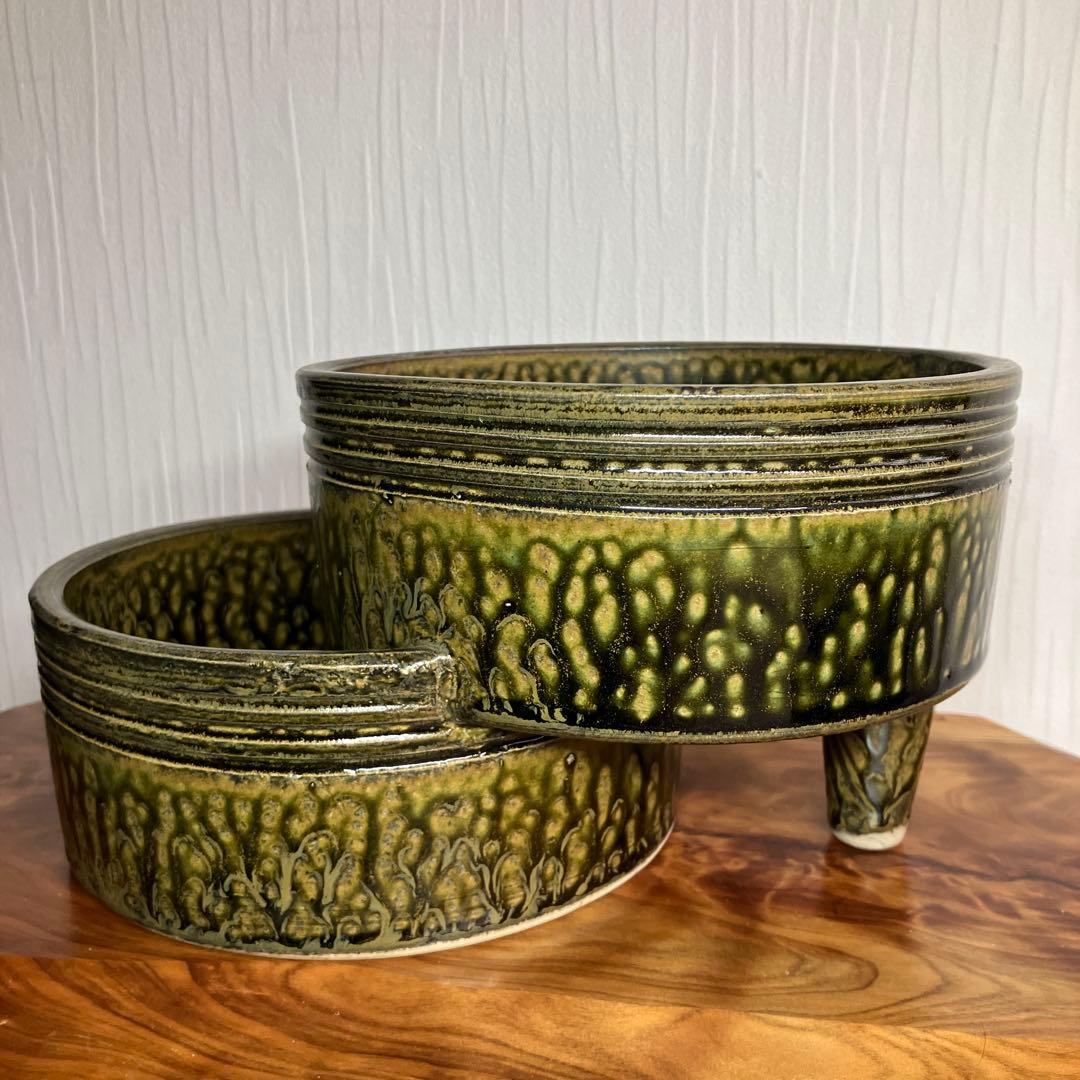 東洋社製　生け花用花瓶　2段　ヴィンテージ　オリーブ色　ミッドセンチュリー