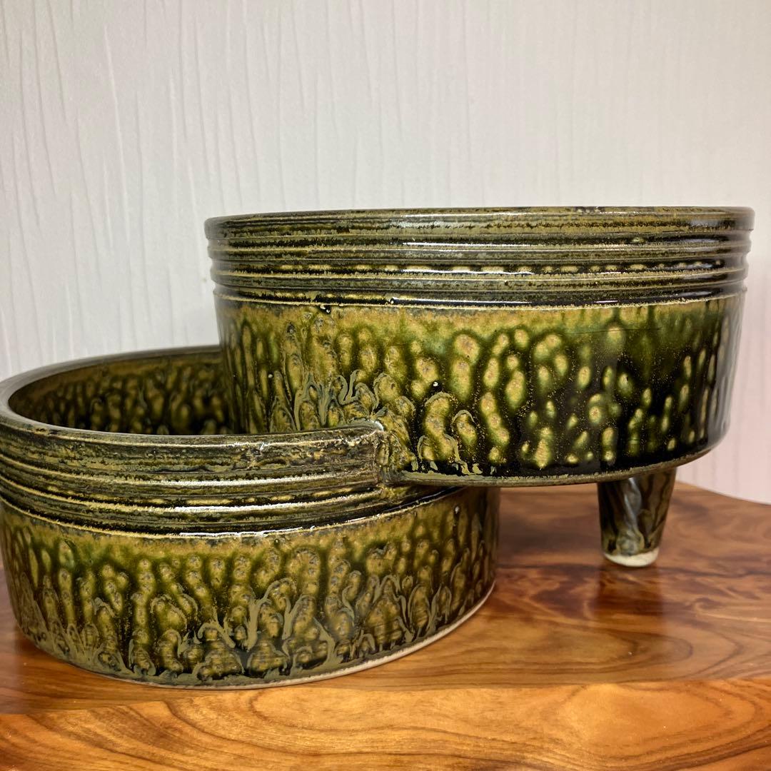 東洋社製　生け花用花瓶　2段　ヴィンテージ　オリーブ色　ミッドセンチュリー