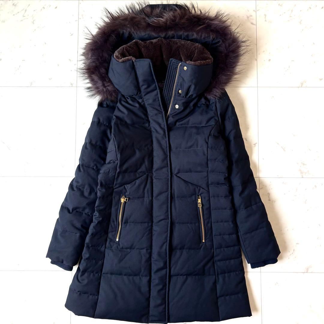 美品　ルイルエブティック ラクーンファー付ロングダウン　ネイビー　金ボタン