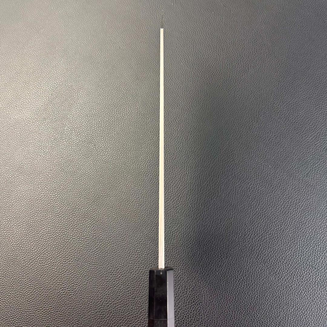 11223切付牛刀8寸ヘアライン仕上げ刃は究極の切れ味両刃包丁黒檀黒水牛角八角柄