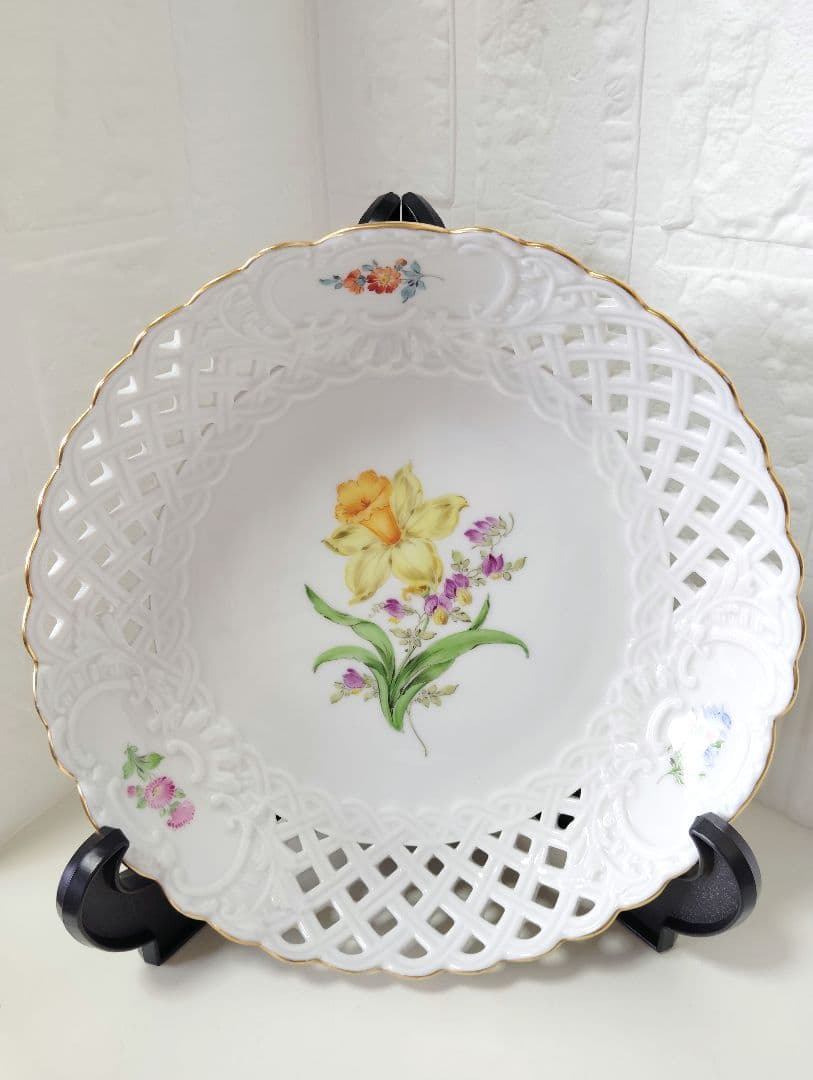 マイセン　2つ花　水仙（スイセン)　透かし皿(深皿)