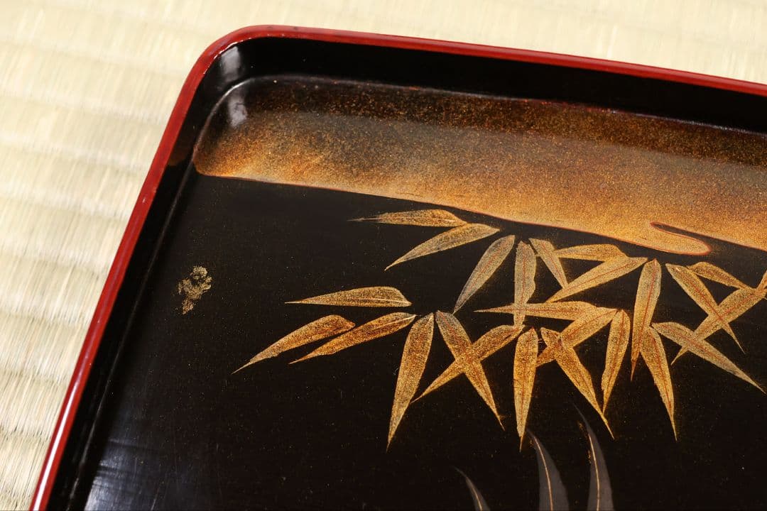木製漆器 竹鶏蒔絵 吸物膳 五客 溜塗 黒塗 足付 四方膳 茶懐石 CM387