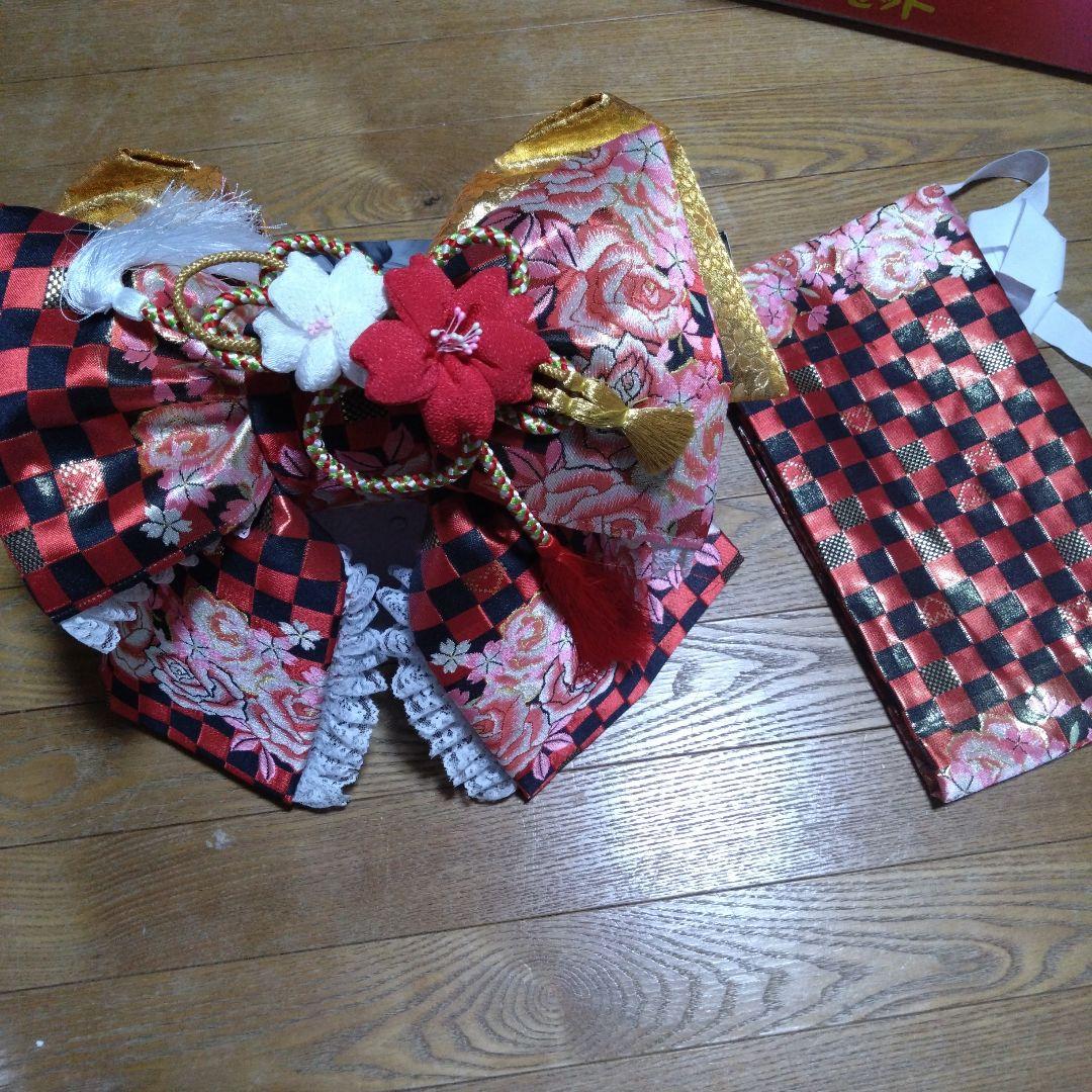 大寸★七歳★レースの赤と黒のチェック柄作り帯