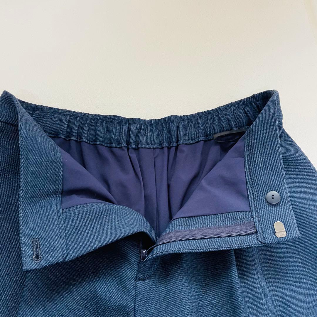 インディヴィ ノーカラー ワイドパンツスーツ ネイビー ストレッチ 洗える