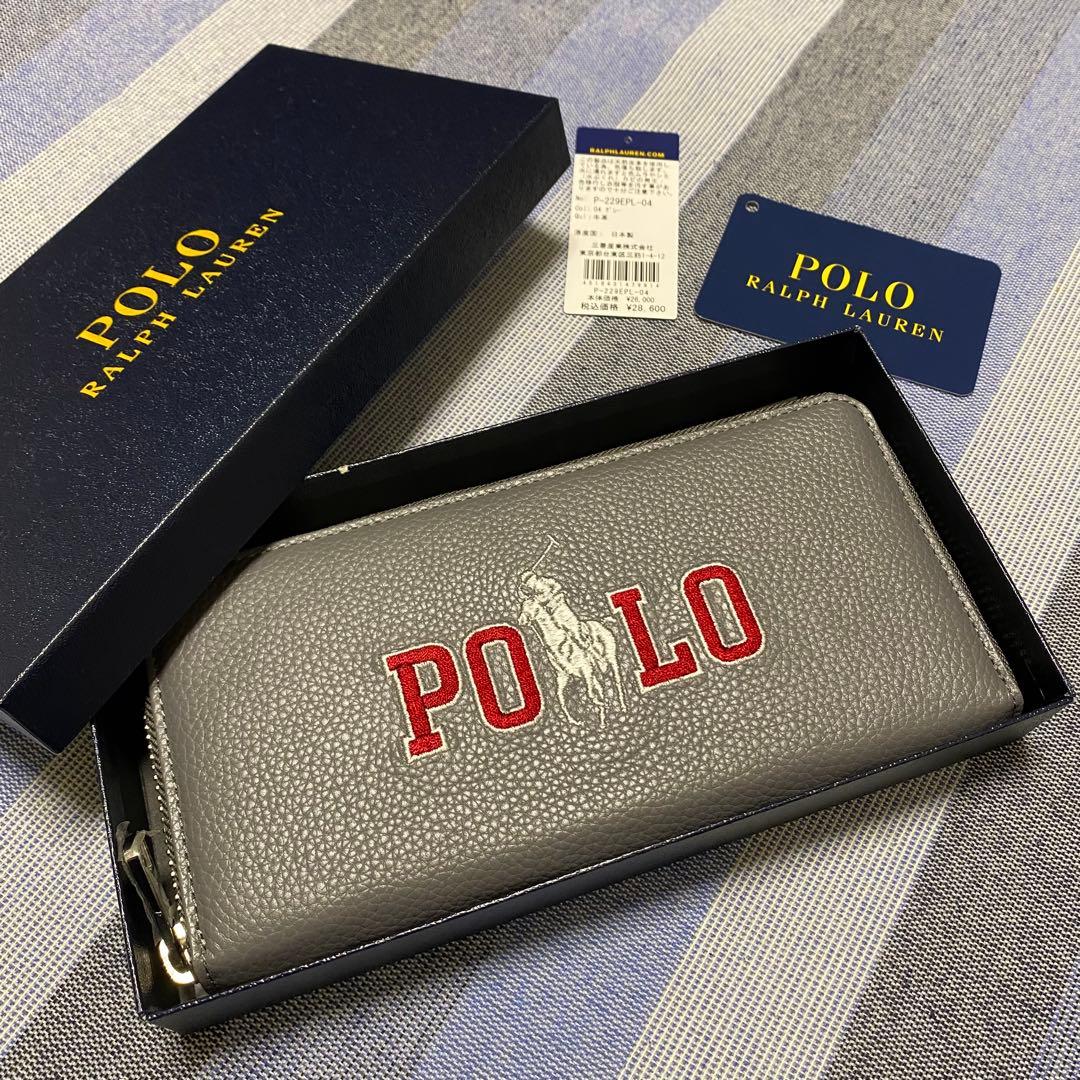 【新品】POLO RALPH LAUREN POLO刺繍 レザー長財布 グレー