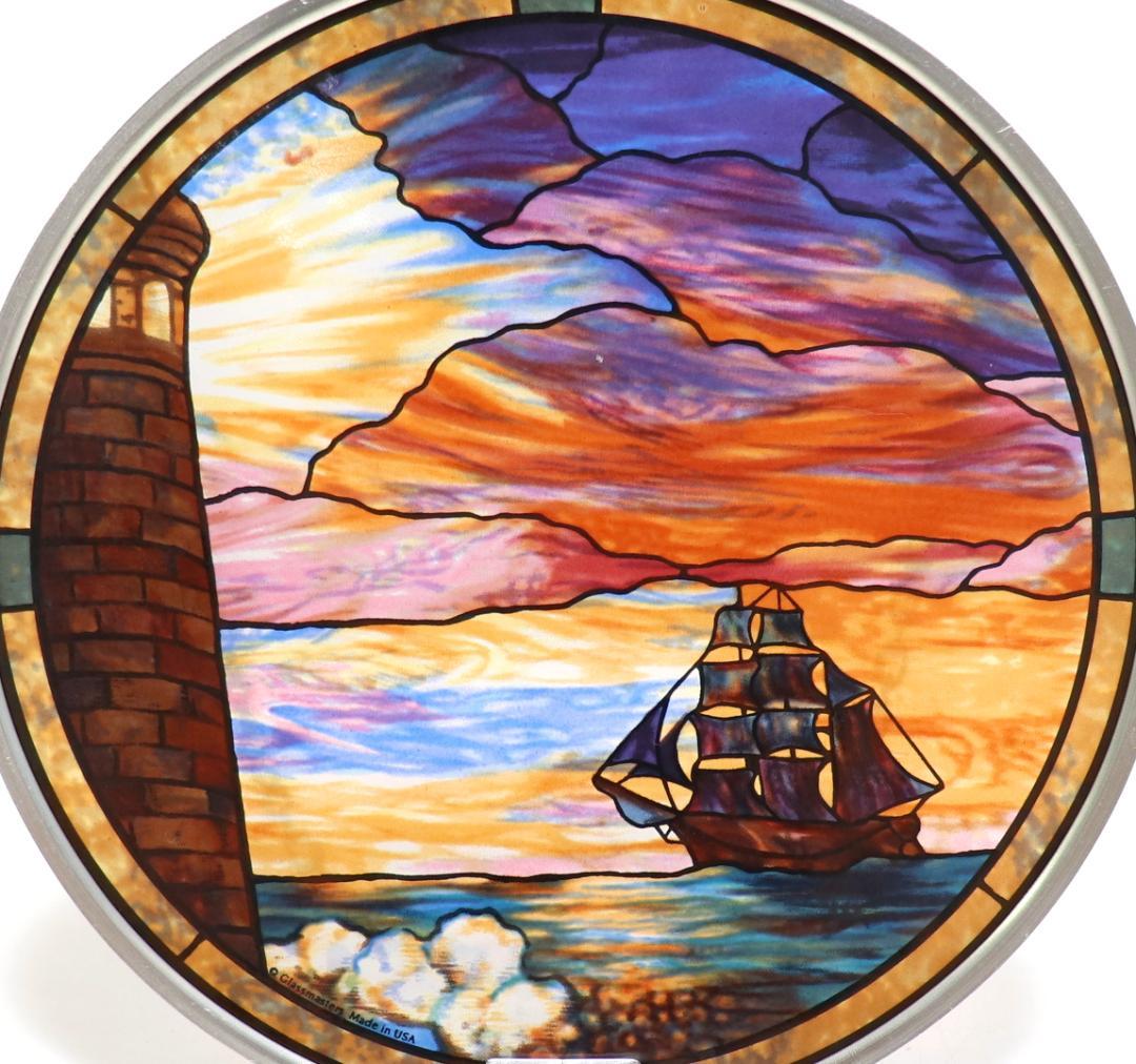 ティファニー ヴィンテージ ステンドグラス 夕暮れの海/ヨット/灯台 /風景