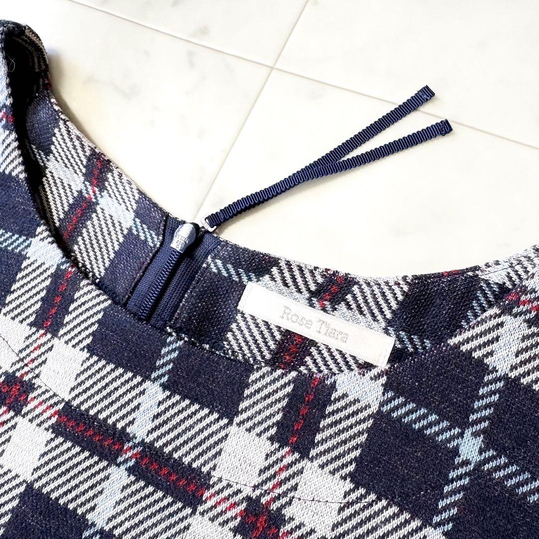 未使用級 ローズティアラ 大きいサイズ46 洗える 紺 チェックワンピース 4L