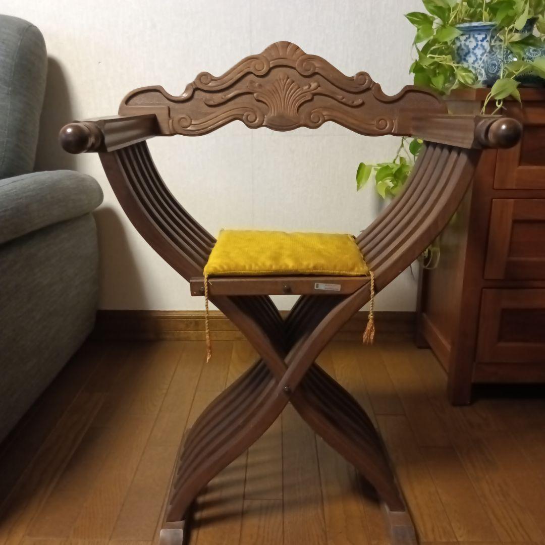 イタリア伝統家具アンティークサヴォナローラ折りたたみチェアブラウンリング装飾