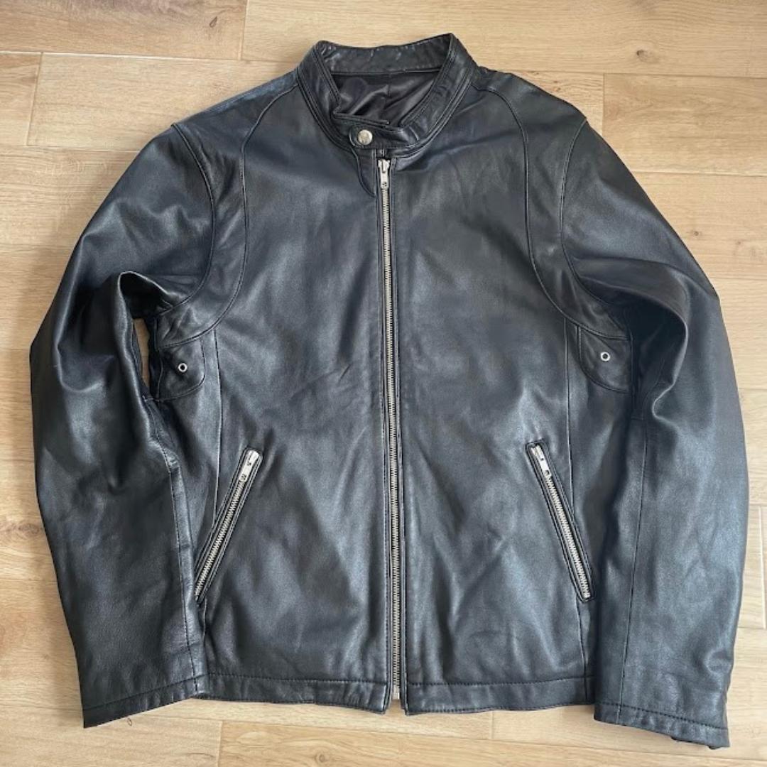 シングルライダースジャケット メンズ 黒 Lサイズ 本革 ラムレザー 革ジャン
