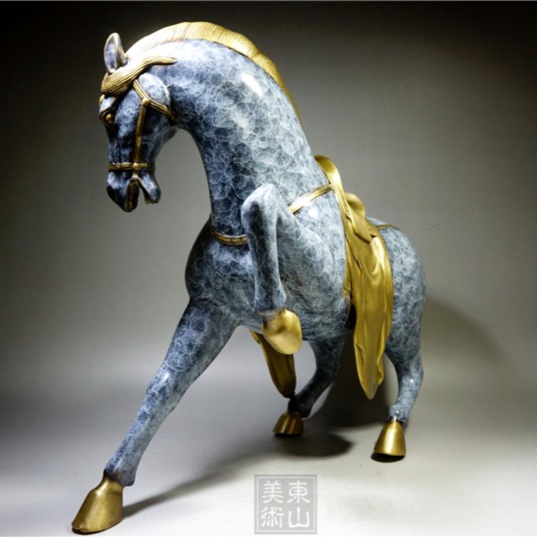 銅細工 大迫力唐馬高彫 無銘 開運置物 極上質 高さ約31cm 重さ約5.6kg