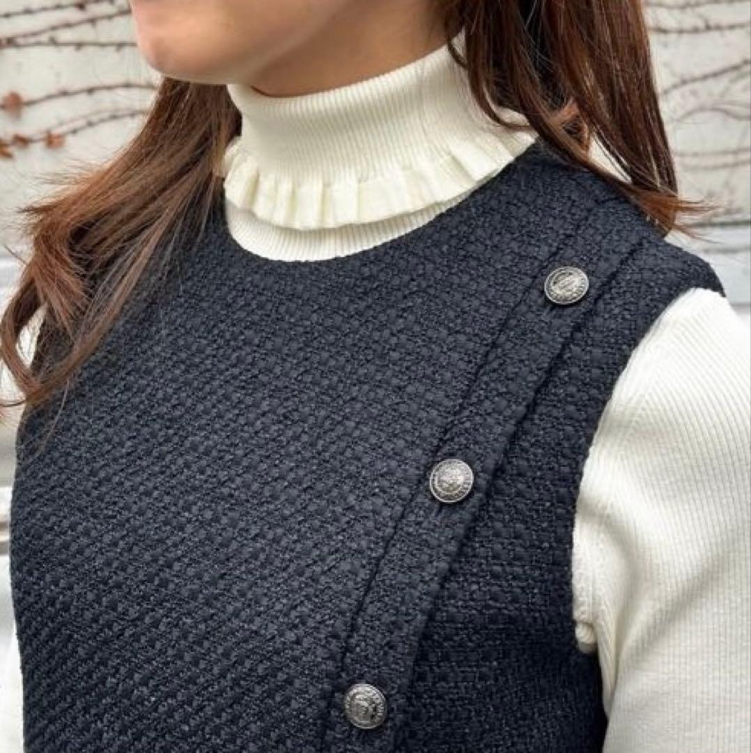 エムプルミエ タートル フリルリブニットプルオーバー　ブラック