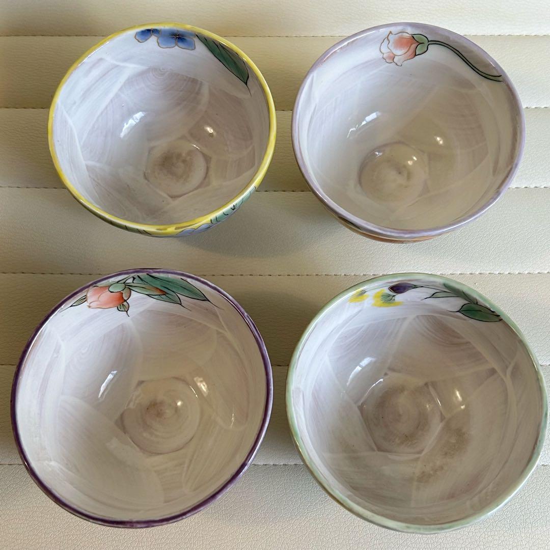 京焼 清水焼　陶あん　陶葊　絵変わり　飯碗　4客セット　茶碗　紫　黄　織部　紫