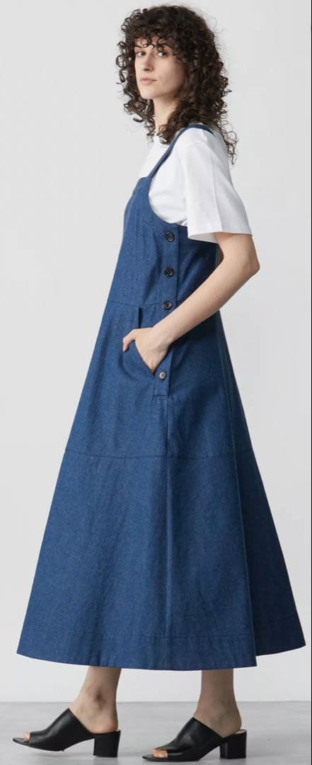 美品 SINME デニムオーバーオールワンピース サロペット ダークブルー F